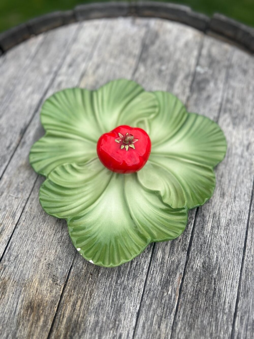 Vintage Brad Keeler Leaf Serving Plate with Tomato Center | Hand-Painted Majolic